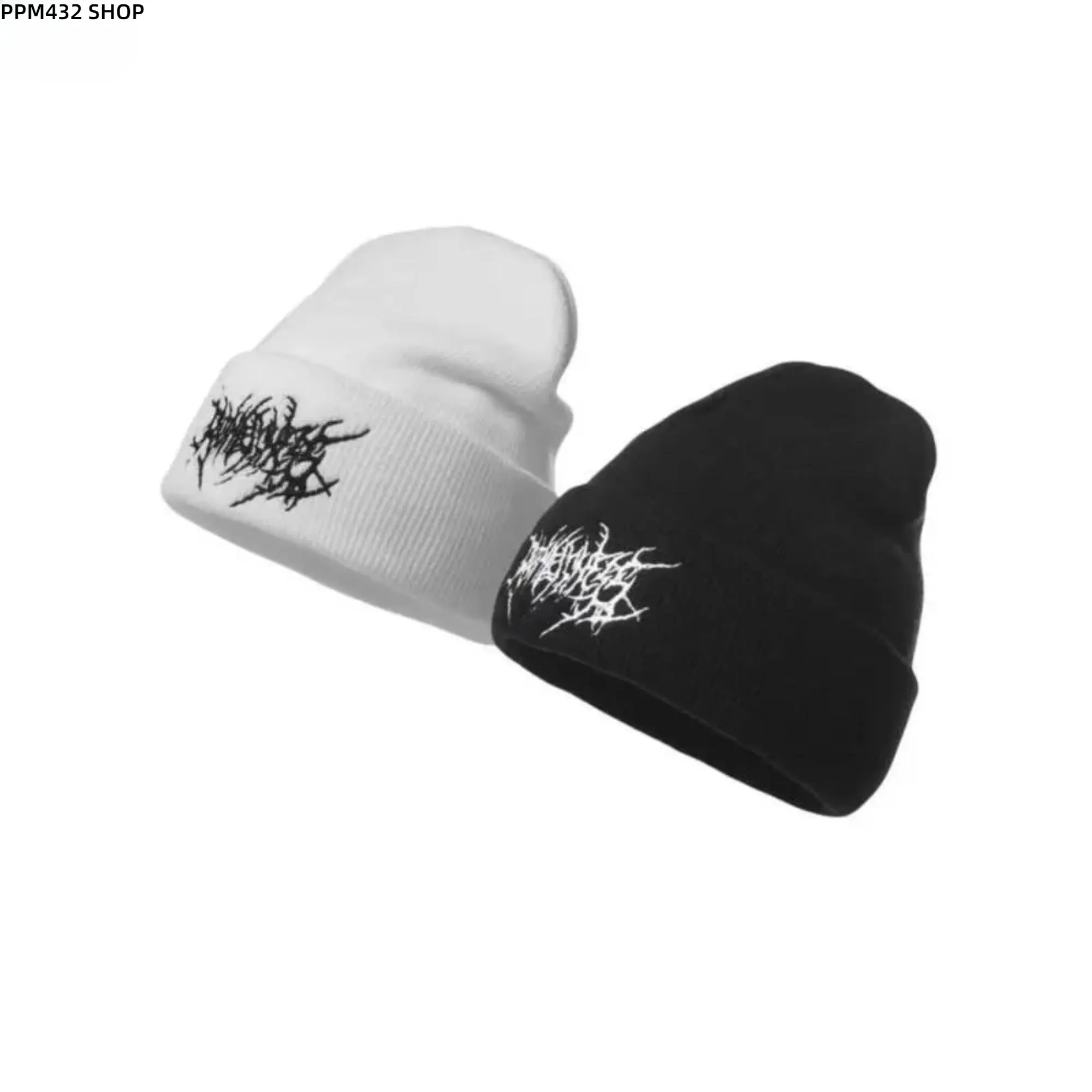 Unisex Embroidered Knit Beanie Hat, Gothic Streetwear Style Warm Winter Skull Cap, Adjustable Soft Acrylic Cuffed Beanie for Men Women, Trendy Punk Fashion Accessory, Cold Weather Outdoor Hat for Autumn Winter Daily Wear