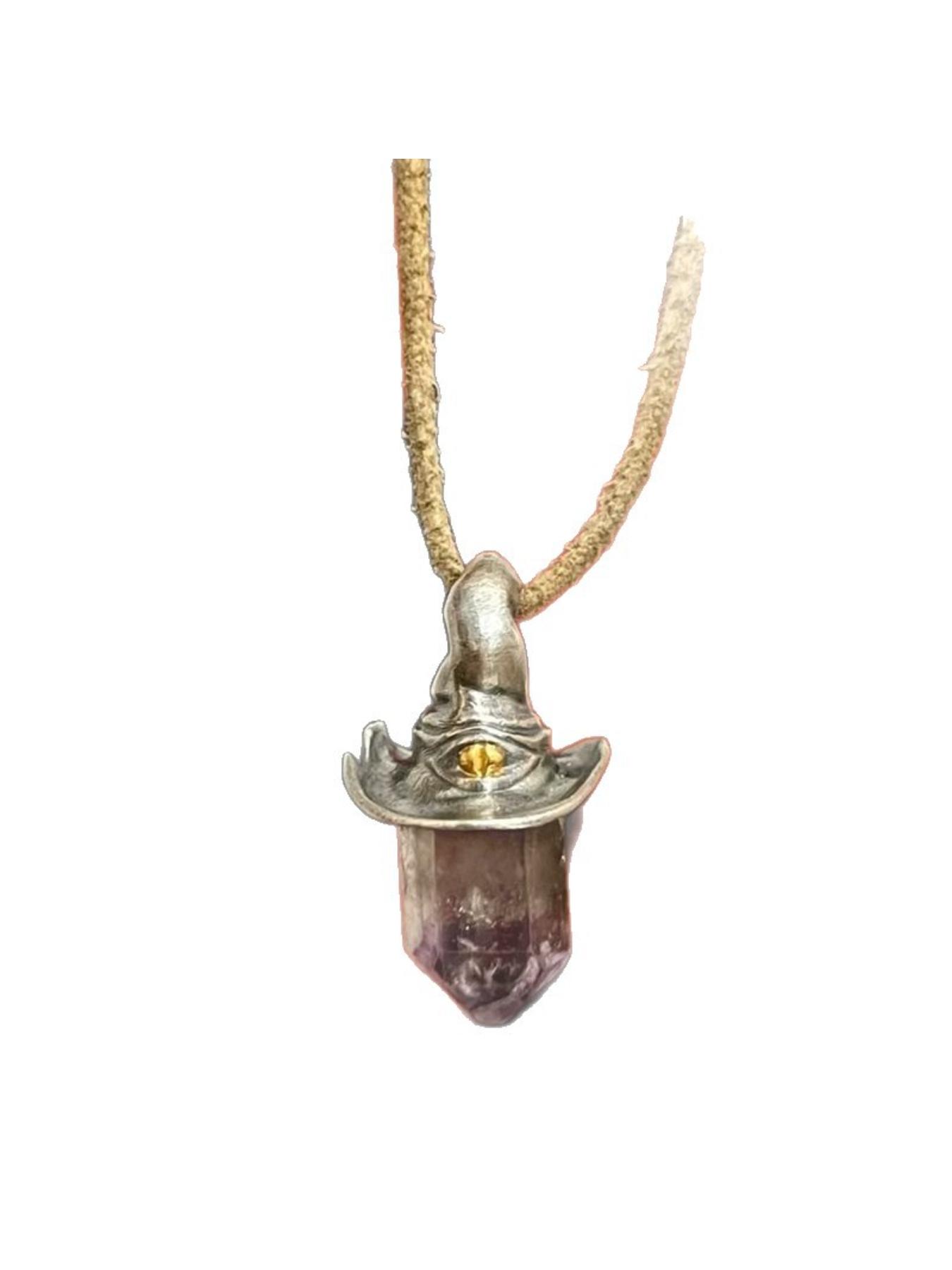 Vintage - Style Wizard Hat & Amethyst Crystal Celestial Pendant Design Necklace, Unique Occult - Inspired Jewelry, for Men & Women, Daily & Special Occasion Wear, Necklaces Men