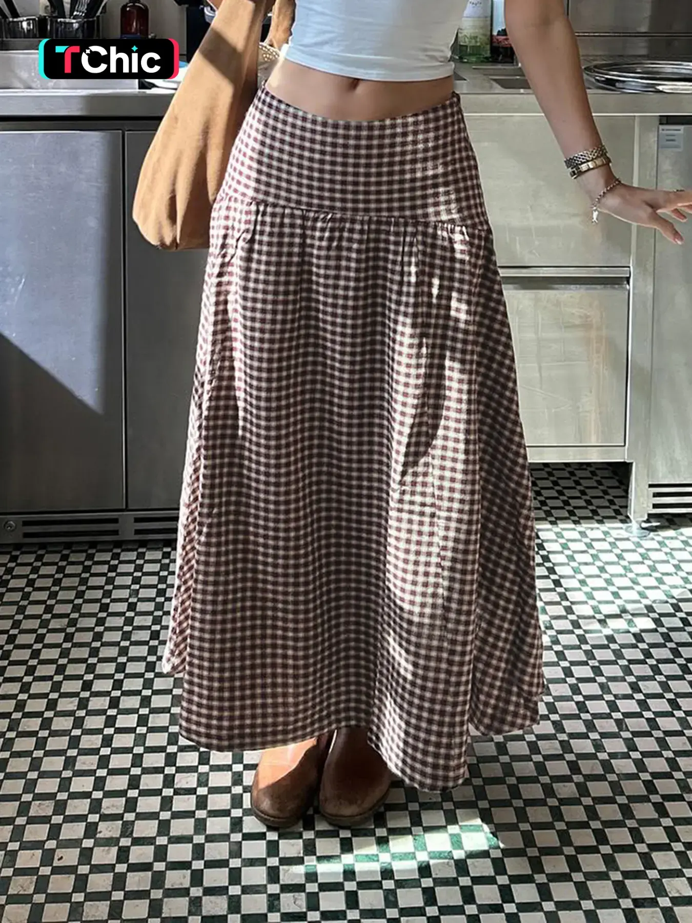 Vintage Two-Tone Plaid Print Pleated High-Waisted Long Skirt, Fashionable Skirt, Women's Harajuku Style A-Line Loose Fit Skirt Streetwear, All Seasons, Casual Streetwear Skirt