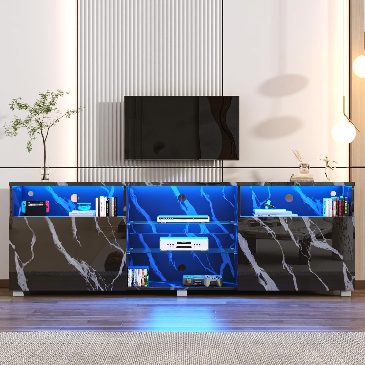 Modern LED 57/65/71/80.7/86.6in TV Stand for 55/60/65/70/75/80/85/90/95 inch TV,High Glossy TV Entertainment Center with Storage Drawer,TV Stands for Living Room,APP RGB Light,Smart Modern TV Cabinet (Black/White Marble/Black Marble)