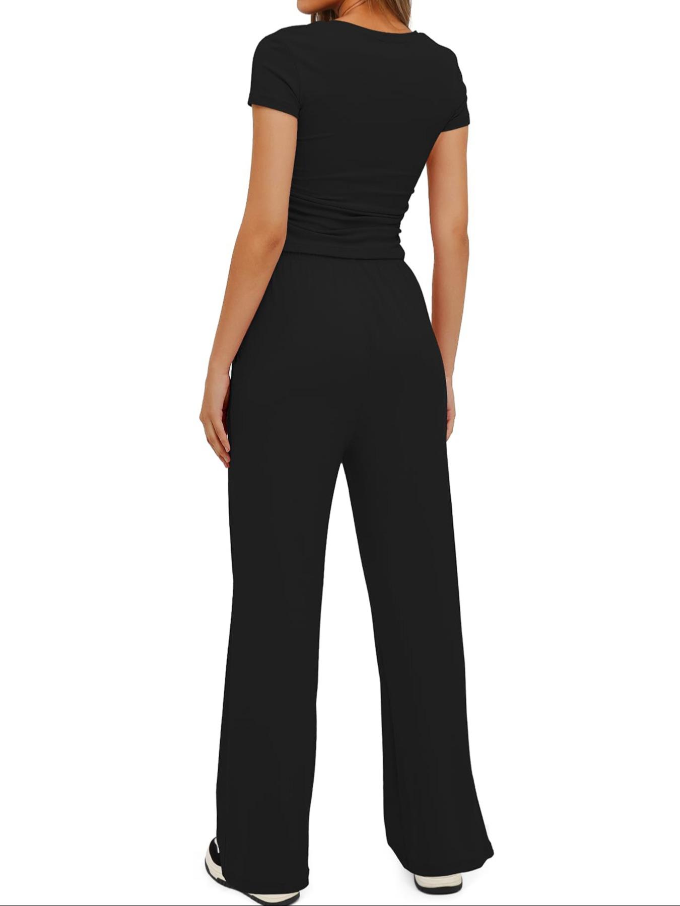 Women's Spring Summer Casual Set, Round Neck Short Sleeve Top & Wide Leg Pants, Slim Fit Home Wear, 2 Piece Comfortable