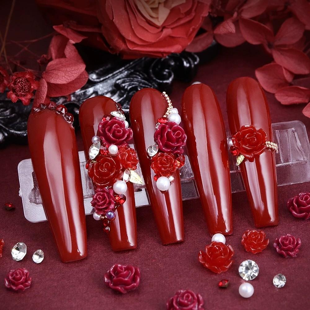 100pcs Valentine's Day Camellia Nail Decorations, Large Resin Rose with Rhinestones and Pearls, Romantic Nail Art Accessories