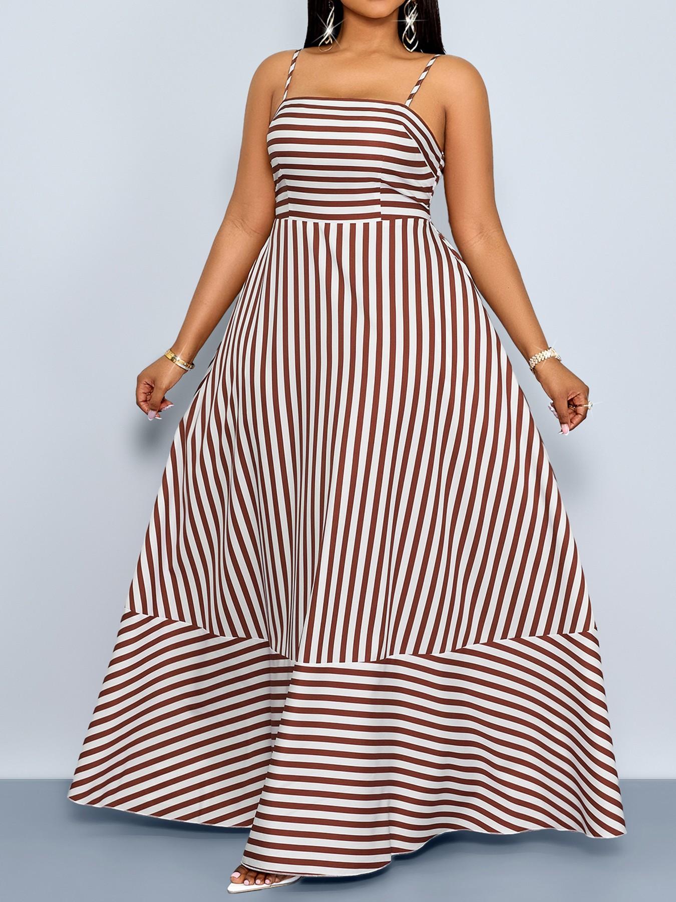 Summer Casual Elegant Striped Women's Plus Size Dress, Thin Strap off Shoulder Waist Cinching Pockets, Perfect for Vacation Beach Commuting, Casual Wear