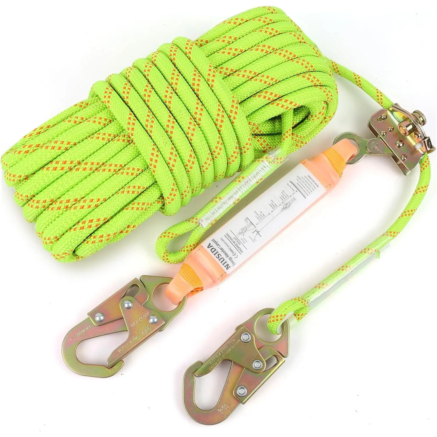 50FT Fall Protection Safety Rope Harness Lanyard Kit with Grab Snap, Shock Absorber for Vertical Roofing, Tree Climbing