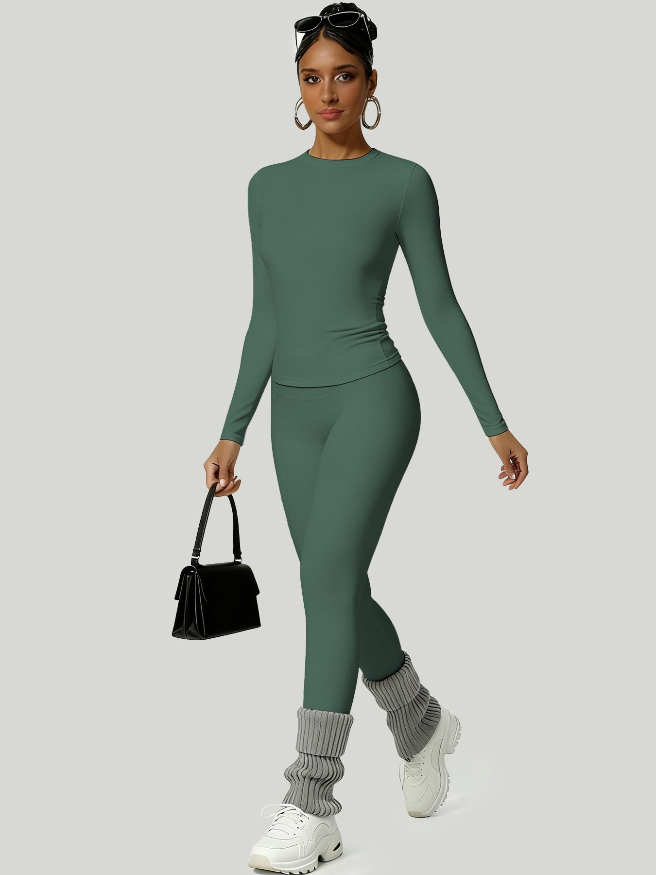 Women's Simple Solid Color Sportswear Set, Comfortable T-Shirt & Slimming Leggings, Perfect for Fall Winter Yoga & Daily Wear, Athleisure Wear Set, Yoga Gym Outfits