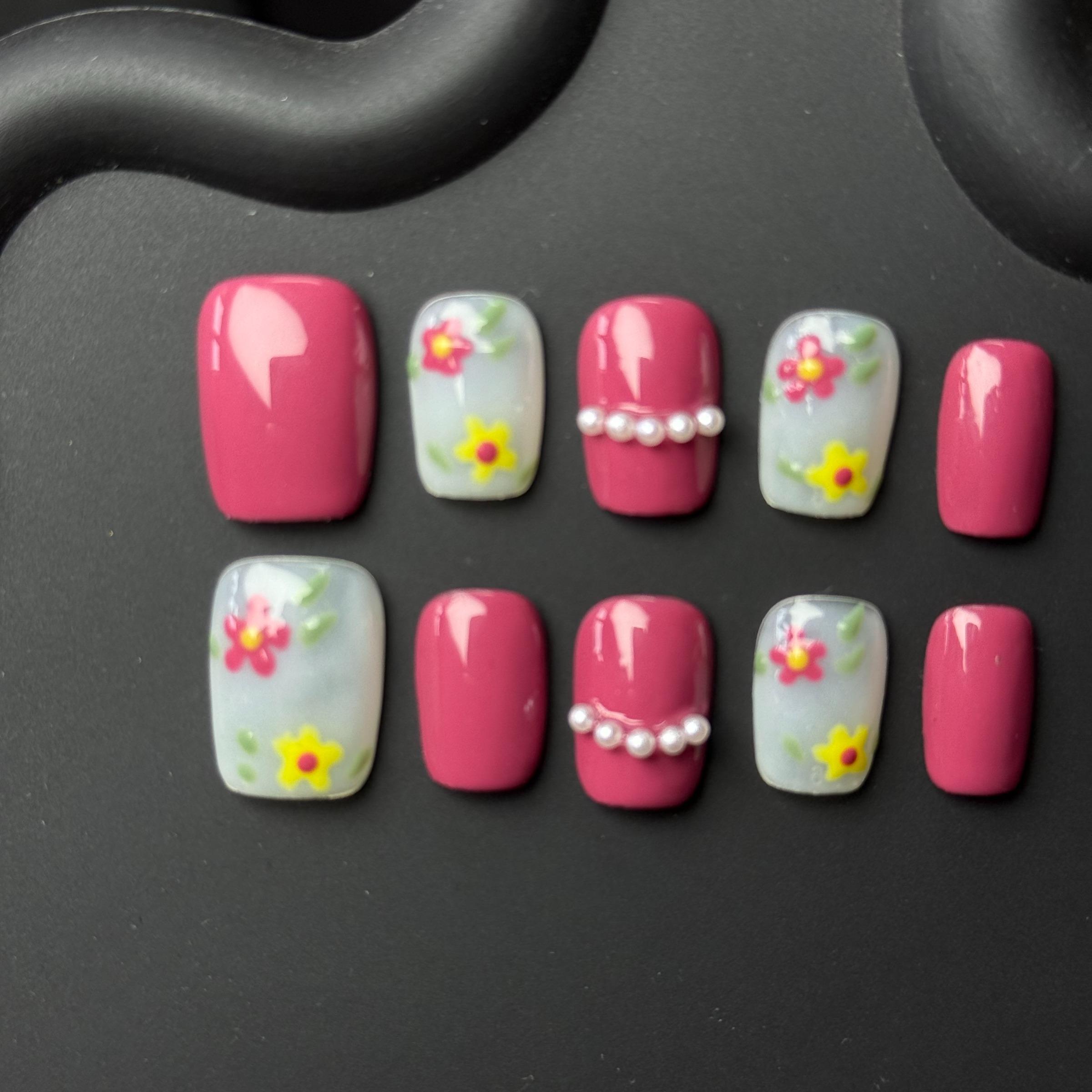 Luxury Nail Freedom! Raspberry Red Exquisite Hand-Painted Flower Press On Fake Nails, Reusable, Get Gentle Fairy Nails In 5 Mins, No Salon Needed