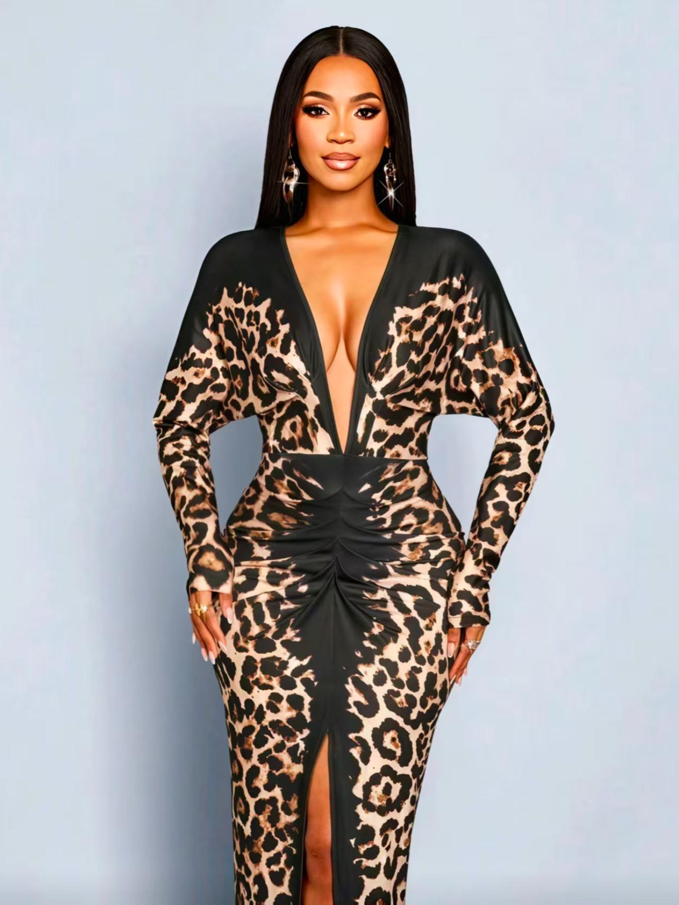 Deep V Leopard Print Patchwork Long Dress Fit, Long Sleeve High Slit Bodycon Skirt, Hot Girl Party Dress A3092 Womenswear