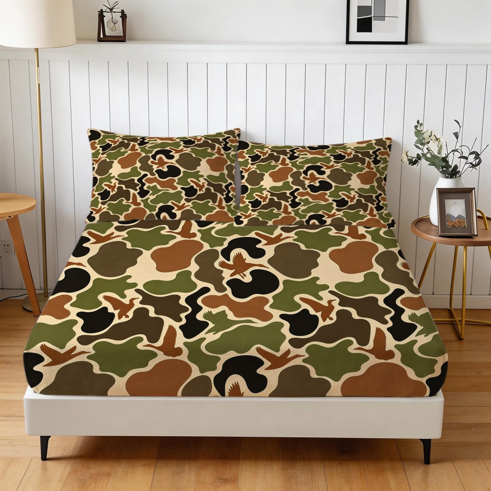 Camouflage Themed Bed Sheet, Soft And Comfortable Bedding Set (1 Bed Sheet+2 Pillowcases, No Pillow Core), Suitable For Teenagers And Adults, Bedroom, Dormitory, And Guest Room Scenes