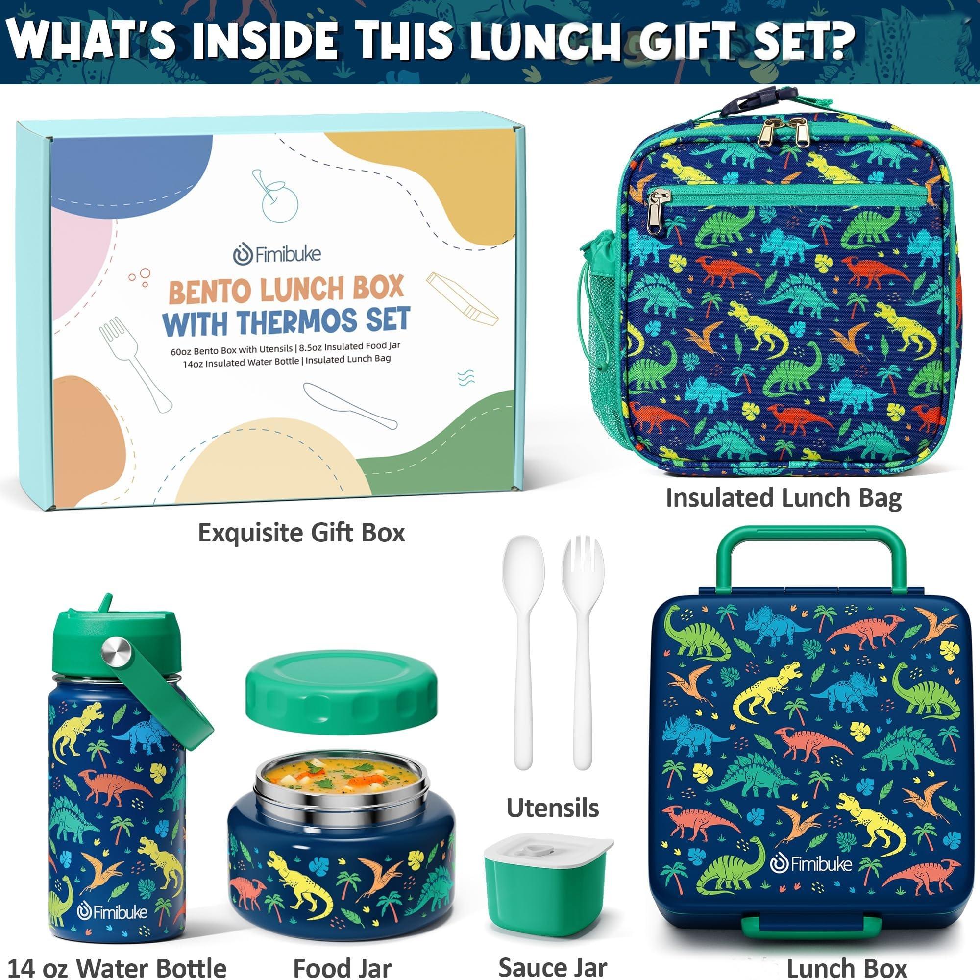 Fimibuke Bento Lunch Box , 3-4 Compartment 60OZ Toddler Lunch Box Container with Leakproof 8OZ Insulated Food Jar, Sauce Jar, Utensil for School, BPA-Free Dishwasher Safe,Funny Patterns,Back to school gift