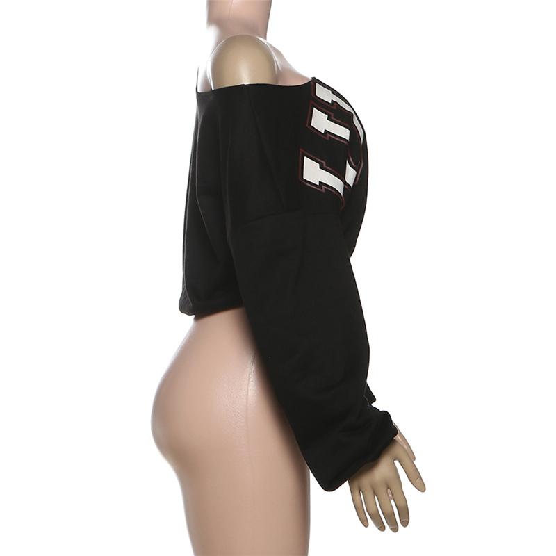 DOUCIU  Trendy Personality High Street Cool Hip-Hop Casual Streetwear Versatile Womenswear Women'S Letter Printing Cross-Shoulder Long Sleeves Short Crop-top T-Shirt