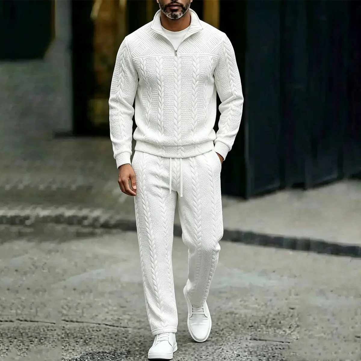 Cloud Soft Cream White Men Matching Tracksuit Braided Textured Half Zip Sweatshirt High Elastic Waist Drawstring Tapered Trousers Pure Tone Co Ord Set Daily Wear For Shopping Walking Casual Date Fashionable Male Two Piece Outfit