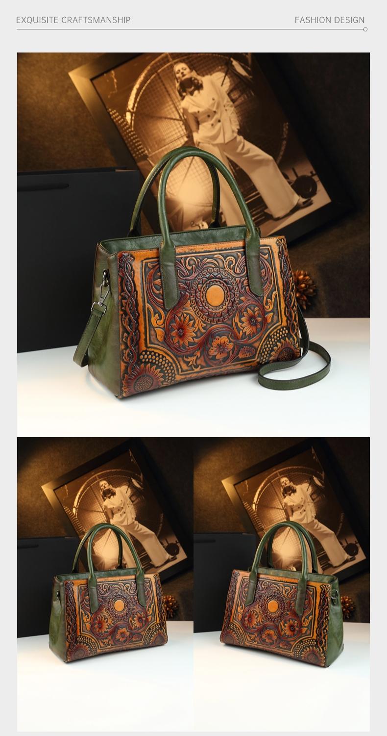 Vintage Tannery Craft Embossed Handbag, Traditional Floral Pressed Large Capacity Commuter Bag, Mom Style Shoulder Crossbody Bag