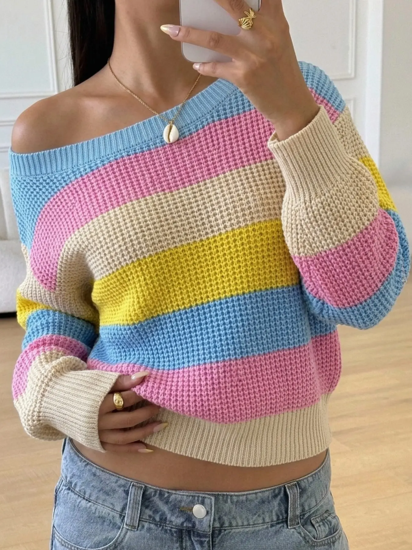 Women's Elegant Casual Rainbow Striped One-Shoulder Knit Sweater, Loose Lantern Long Sleeve Lazy Pullover, Fall Winter Daily Street Vacation Wear