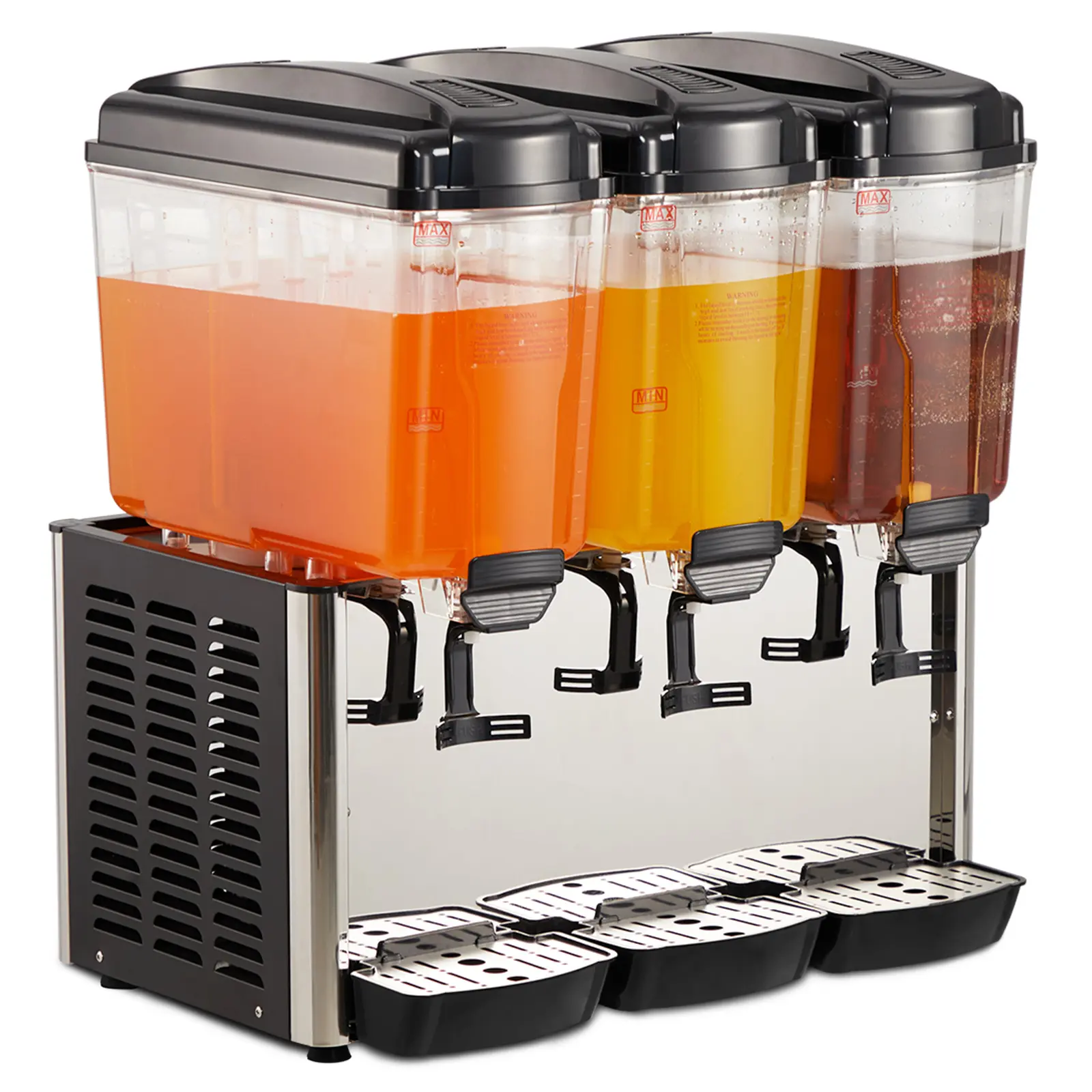 Stainless Steel 3-Tank Commercial Beverage Dispenser - 14.4 Gal Thermostat-Controlled Cold Drink Machine, Food-Safe for Restaurants, Parties