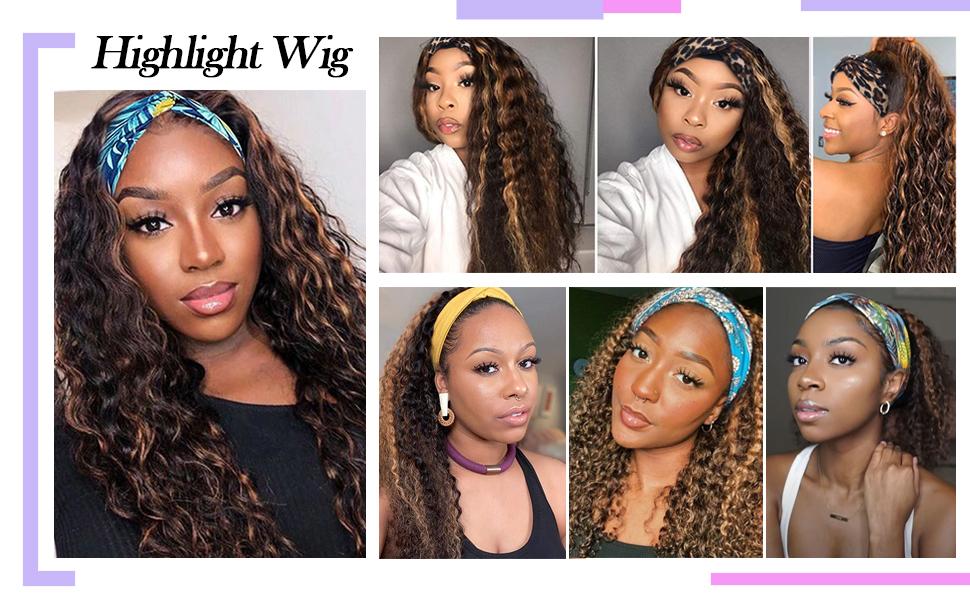 Highlight Ombre Headband Deep Wave Headband Wig Human Hair 180% Density Half Wigs for Black Women Glueless None Lace Front Wigs Brazilian Virgin Human Hair Headband Wigs Curly Wig