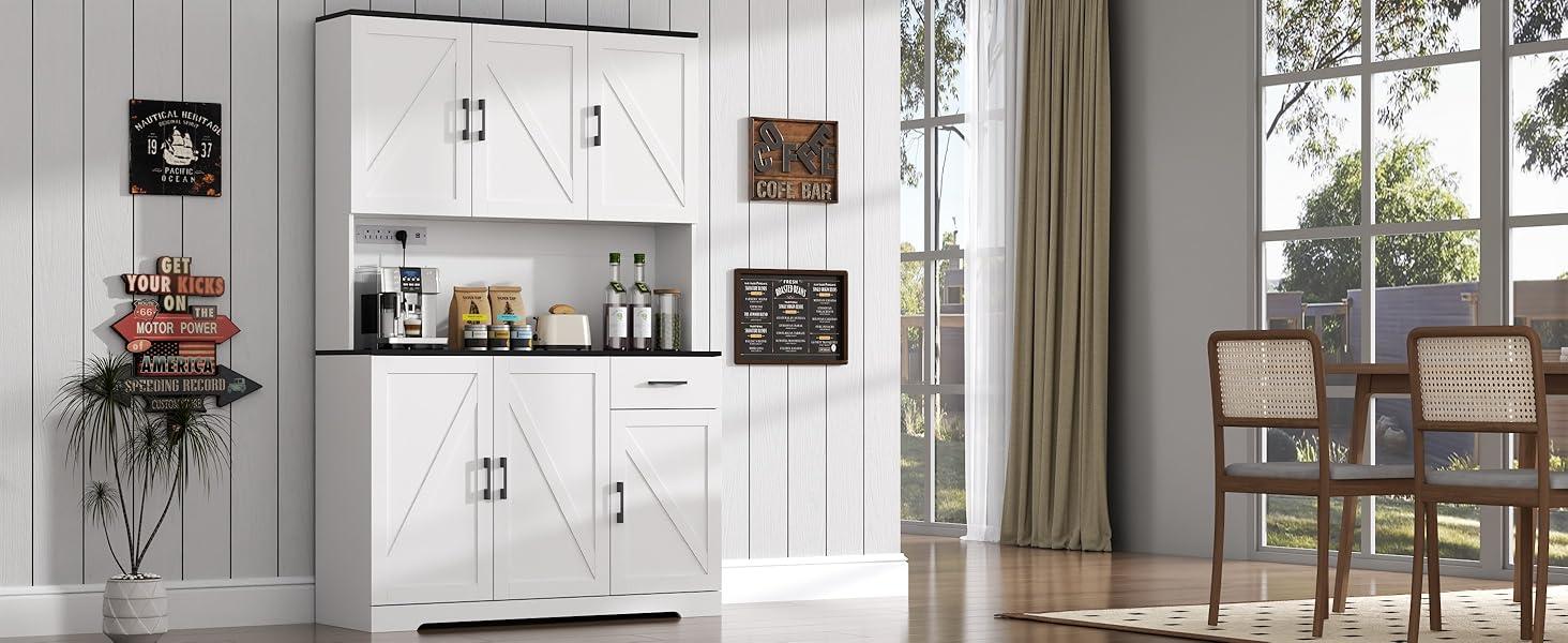 Farmhouse Kitchen Pantry Cabinet 71" Tall with 4 Adjustable Shelves, 6 Doors, Power Outlet, Freestanding Design for Kitchen Storage Cupboard Farmhouse Kitchen Pantry Cabinet 71" Tall with 4 Adjustable Shelves, 6 Doors, Power Outlet, Freestanding Design for Kitchen Storage Cupboard