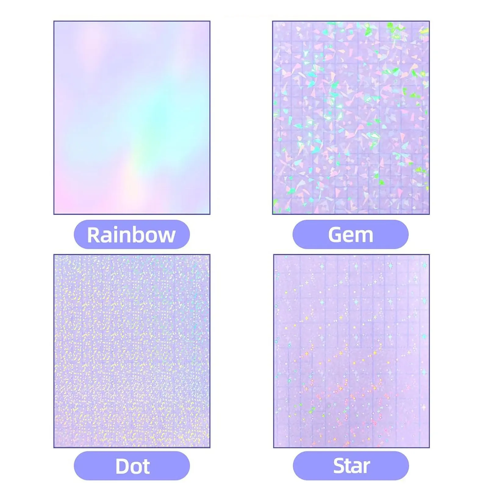 20 Sheets Holographic Cold Laminating Film, A4 Size (8.3 x 11.7 Inches), 4 Assorted Designs (Spot / Gem / Stars / Rainbow), Waterproof Self-Adhesive Vinyl Sticker