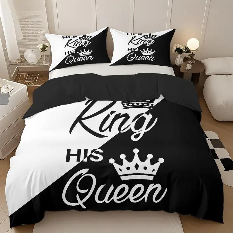 3-Piece Patchwork King Queen Word Pattern Print Bedding Set, Soft Cotton Polyester Fabric, Includes 1 Fitted Sheet + 2 Pillowcases Bed Sheet Sets, Bedsheet Sets