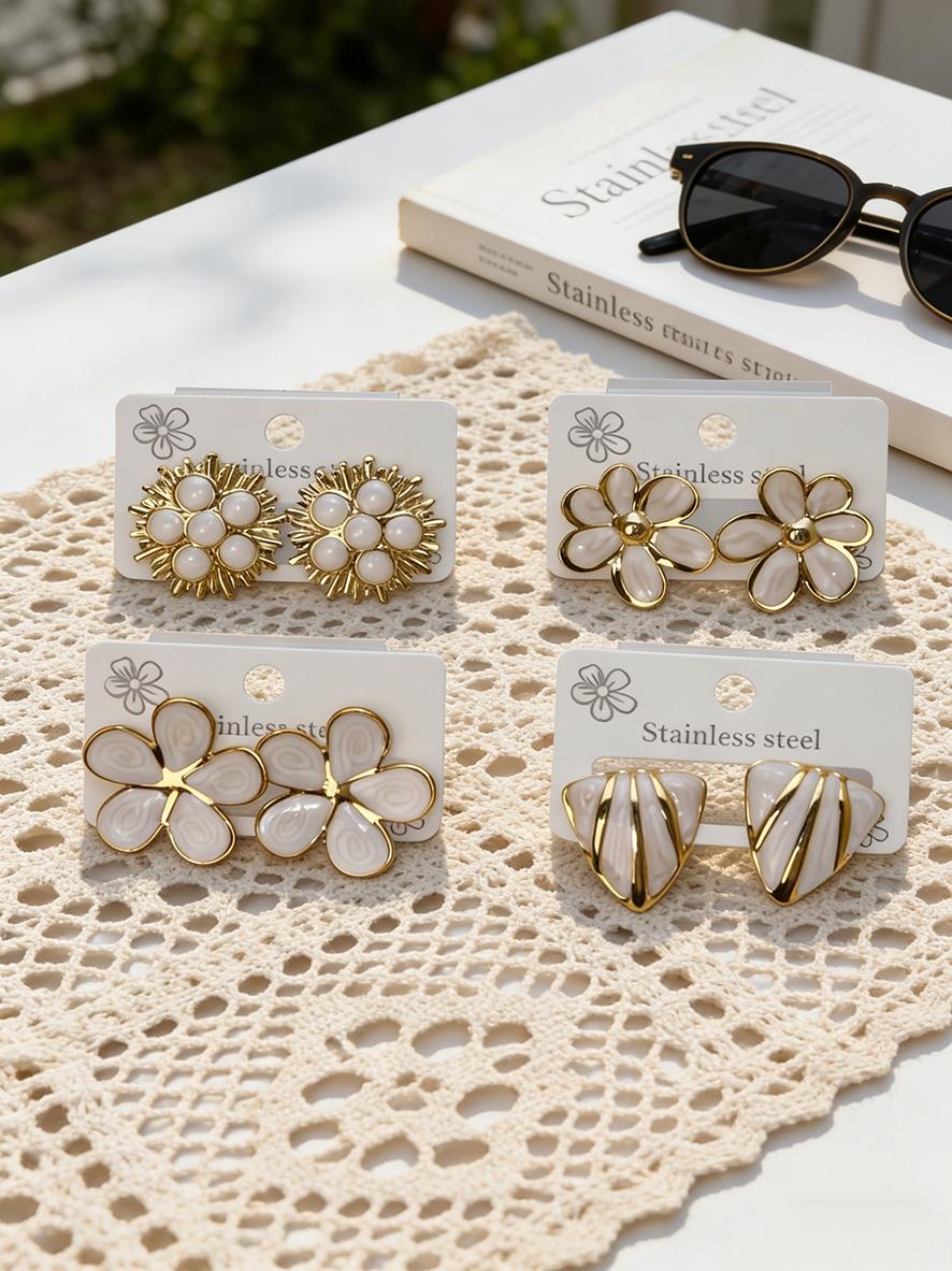 White Enamel Gold Stud Earrings for Women, Dripping Oil Heart Flower Geometric Earring, Hypoallergenic Stainless Steel Jewelry, Trendy 2026 Summer Accessory for Party & Daily Wear