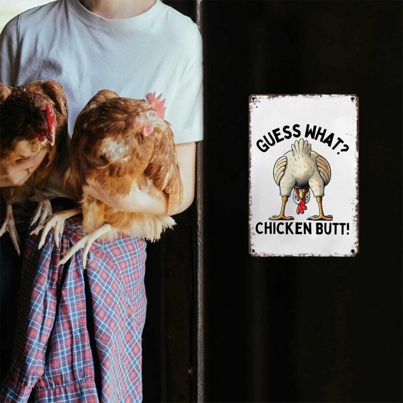 Funny Chicken Coop Metal Sign - "Guess What? Chicken Butt" Poster Mural - Suitable for Farmhouse, Outdoor Courtyard Decoration, and Home Decoration