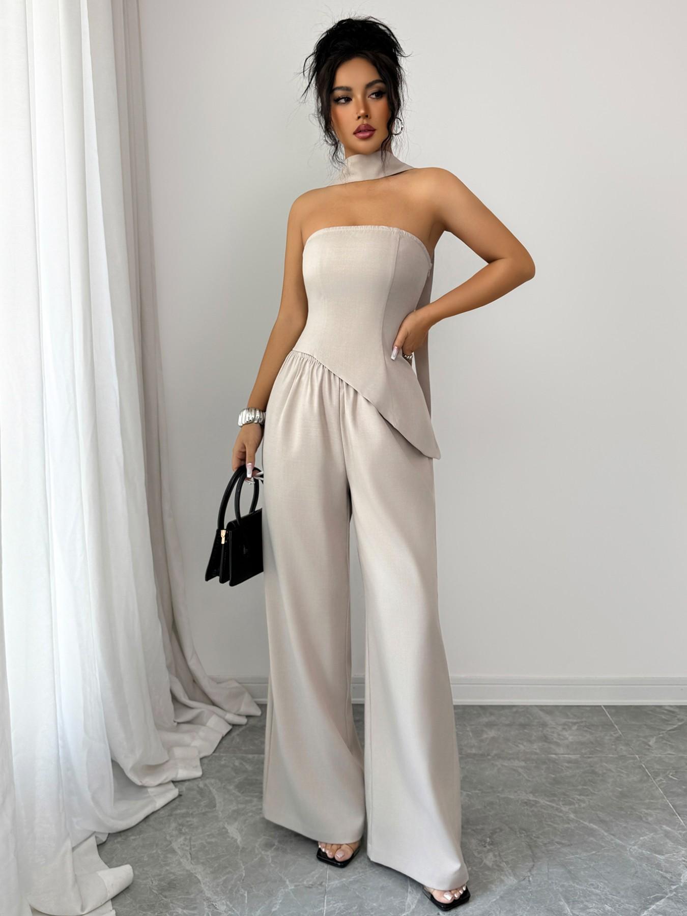 Design Sensational Pure Color Irregular Hem Halter Top Set with Draped Belt & Long Pants, Casual Two-Piece for Women