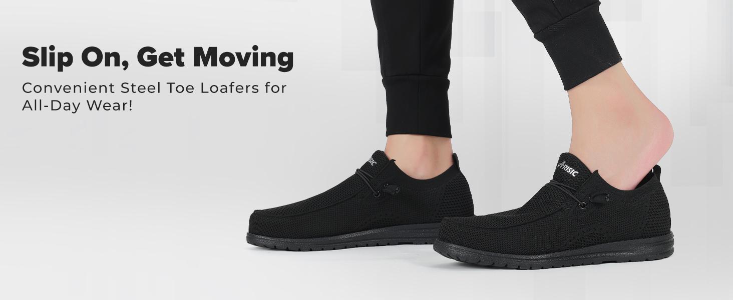 Men's Steel Toe Loafers Shoes Slip On Work Shoes With Lightweight Comfortable Footwear ,Catering Work Shoes,Outdoor Work,Footwear,Paramedic Shoes,Men's and Women's Fashion Mule Shoes