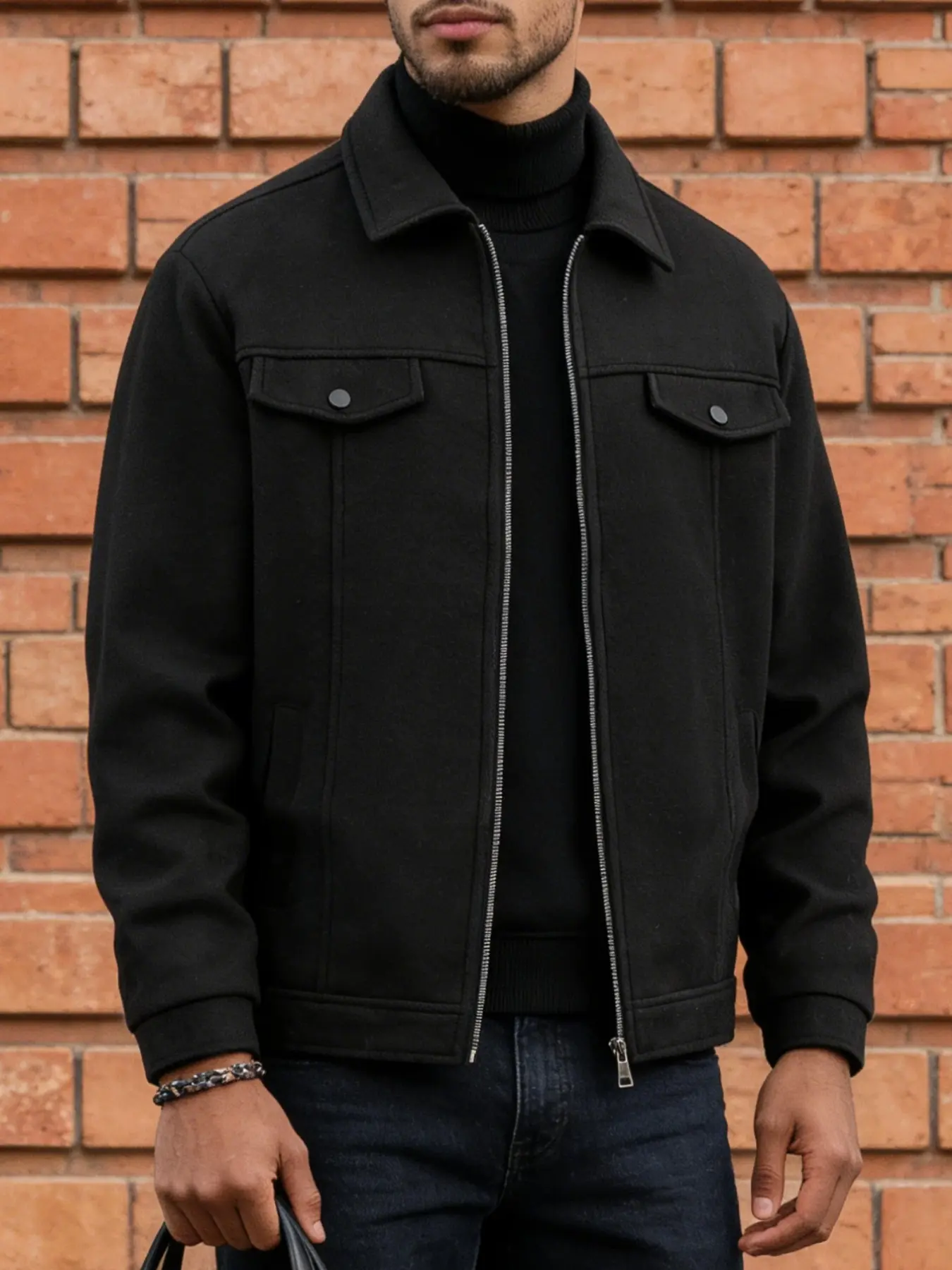 Men's Casual Workwear Jacket, Zipper Closure, Side Pocket Design, Lightweight Business Collar Coat, Wool Fabric, Spring Summer Fall Winter