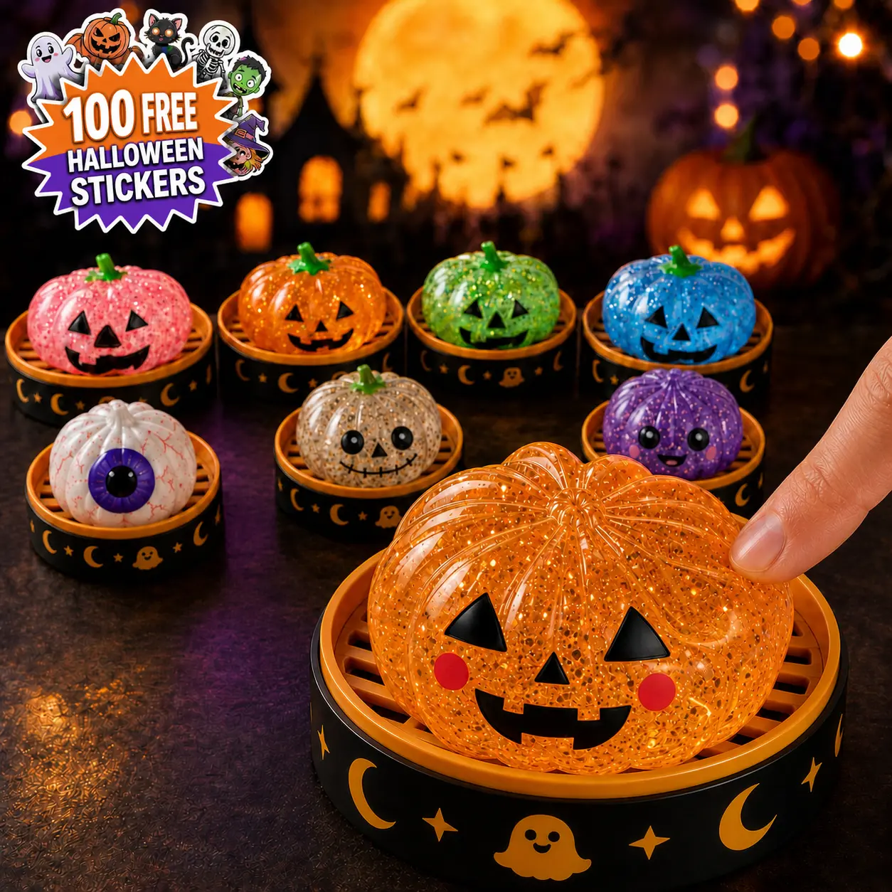 Cute Halloween Smiley Face Squishy Toy, Soft Glitter Sensory Fidget Squeeze Ball, Squishy Toys for Desk Play, Party Favors, Gift Bag Fillers, Halloween Gifts, 8 Selectable Styles