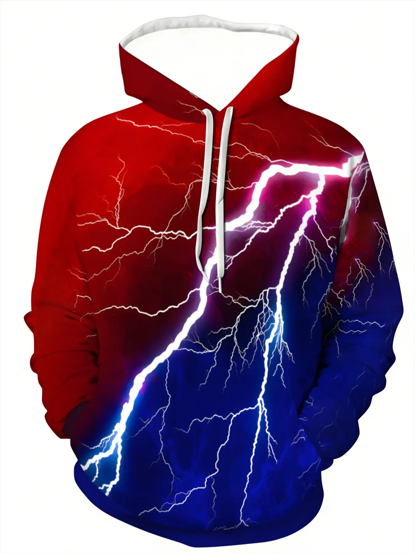 Men's Fashion Hoodie with 3D Print, Blue Gradient Thunder Design, Casual Fitted Pullover with Front Pocket