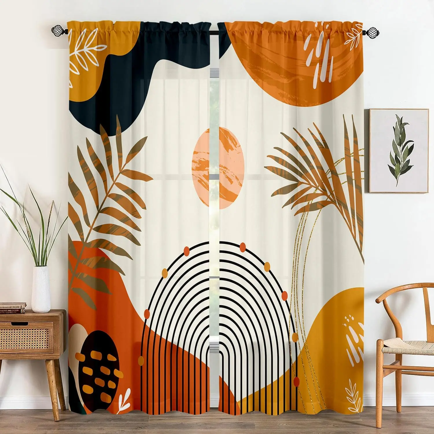 Boho Mid Century Leaves Curtains 52X84Inch Rainbow Living Room 2Pc Burnt Orange Curtains for Bedroom Geometric Drapes Yellow Plant Colorful
