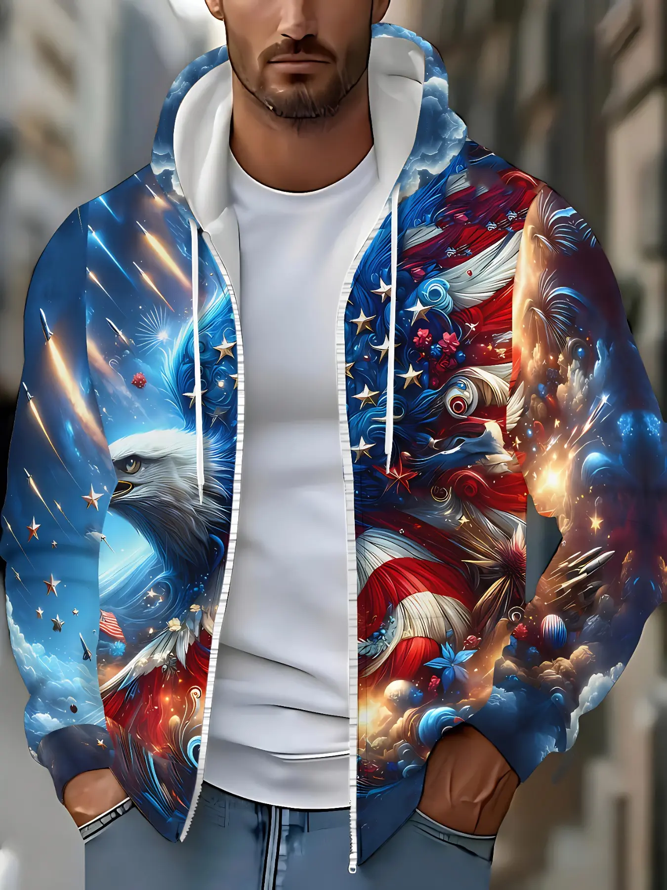 Men American Eagle Flag Star Sky All Over Print Zip Hoodie, Patriotic Graphic Hooded Jacket