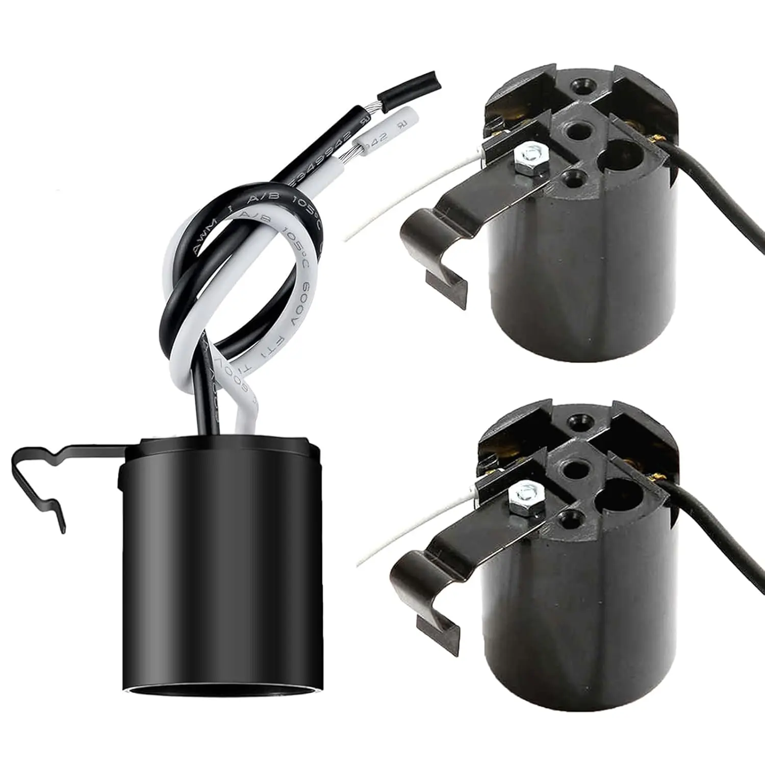 Phenolic Medium Base E26 Fixture Socket, Keyless  Standard Lamp Holder for E26 Edison Screw Bulbs with Clip,Black (Pack of 3)
