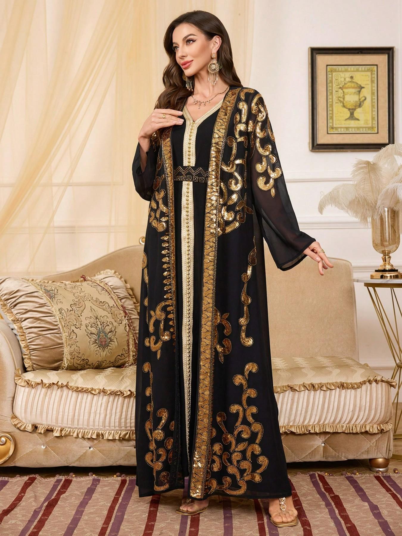 Gold Embroidered Two-Piece Dubai Muslim Robe, Elegant Islamic Clothing, Heavy Sequin Open Front, Elegant Long Sleeve Maxi Dress for All Seasons