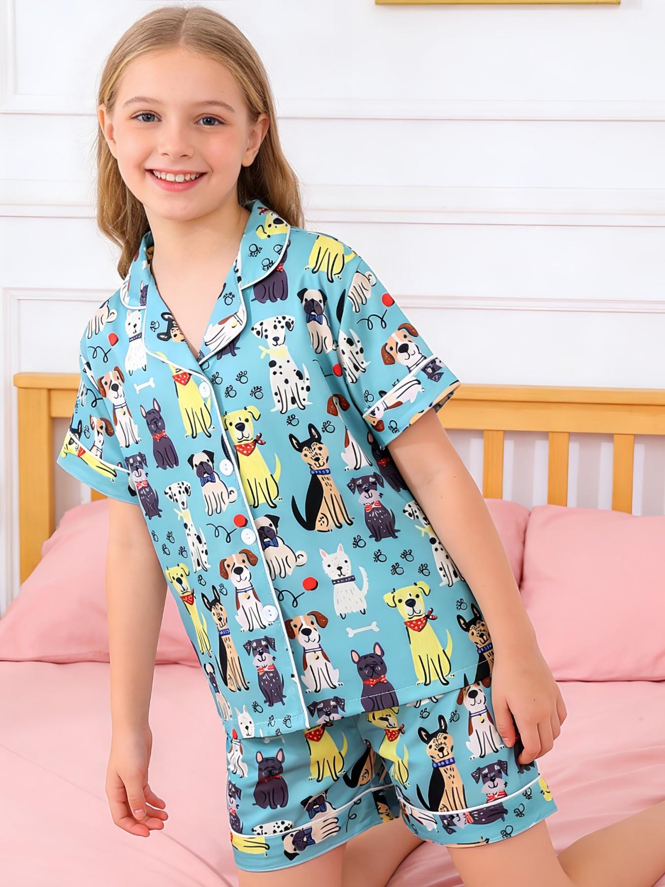 2-Piece Kids Pajama Set, Cartoon Puppy Footprint Design, Casual Short Sleeve, Loose-Fit, All-Season Wear, Party Gift Set