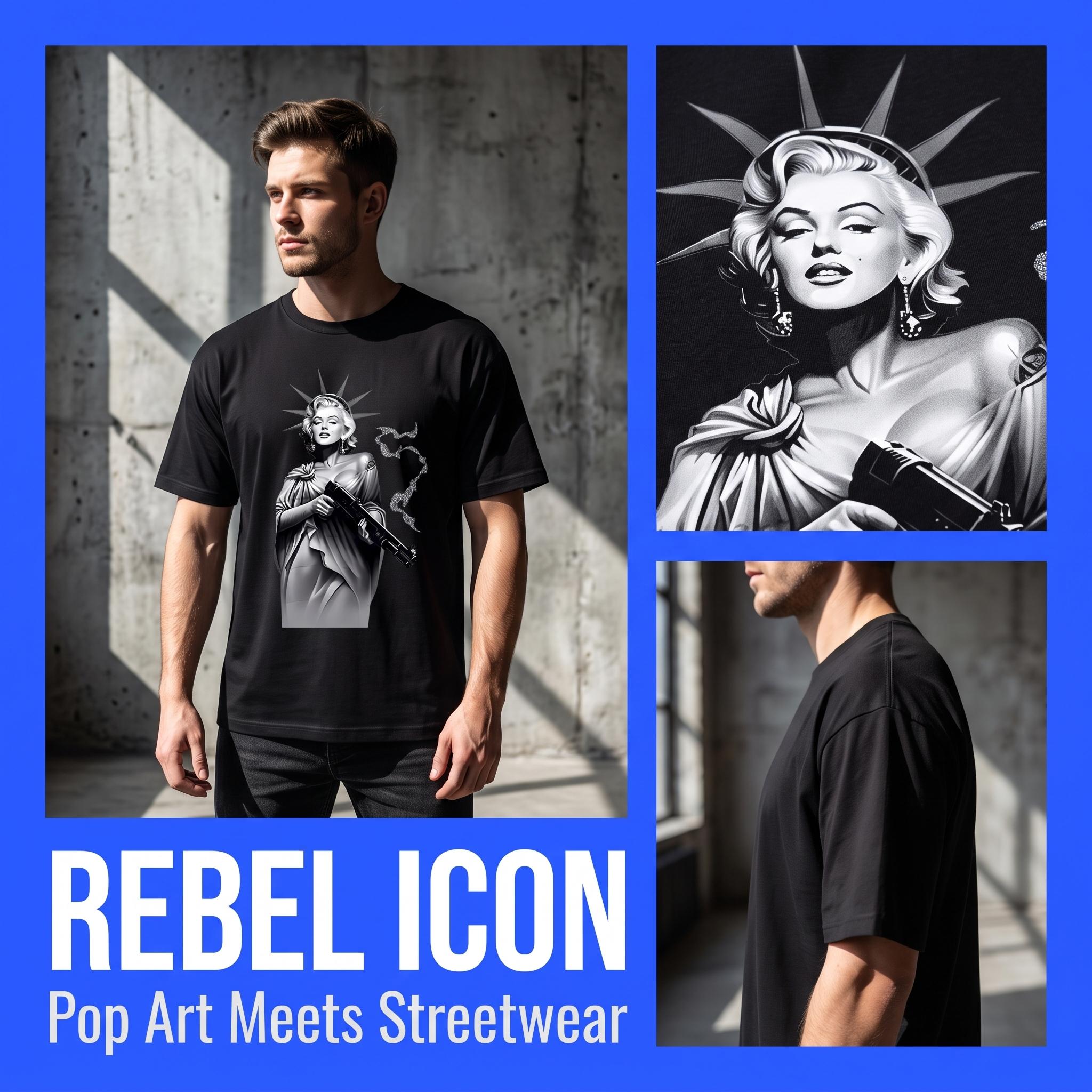 Marilyn Monroe Liberty Statue Hybrid Graphic T-Shirt Short Sleeve, Trendy Streetwear Shirt, Art Portrait Print Oversized Cotton Graphic Tees Hip Hop Trendy Streetwear Shirt Retro Gangster Unisex Tee