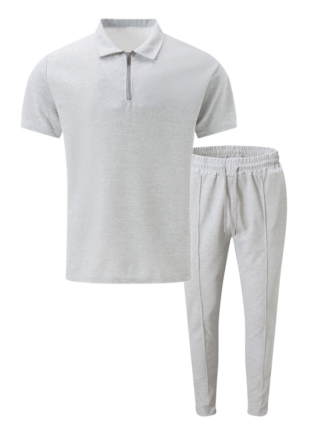 Men's Two-Piece Set Outfit for Summer, Menswear Quarter-Zip Polo Shirt and Drawstring Pants, Casual and Urban Style, Perfect for Relaxing Days