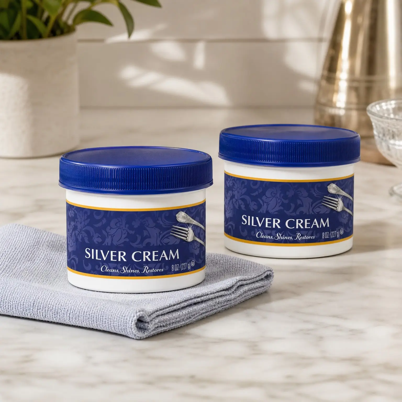 Silver Cleaner and Polish Cream - Gently Cleans and Removes Tarnish Without Scratching, Ammonia-Free, 8 Ounce, 2 Pack with Polishing ClothGift