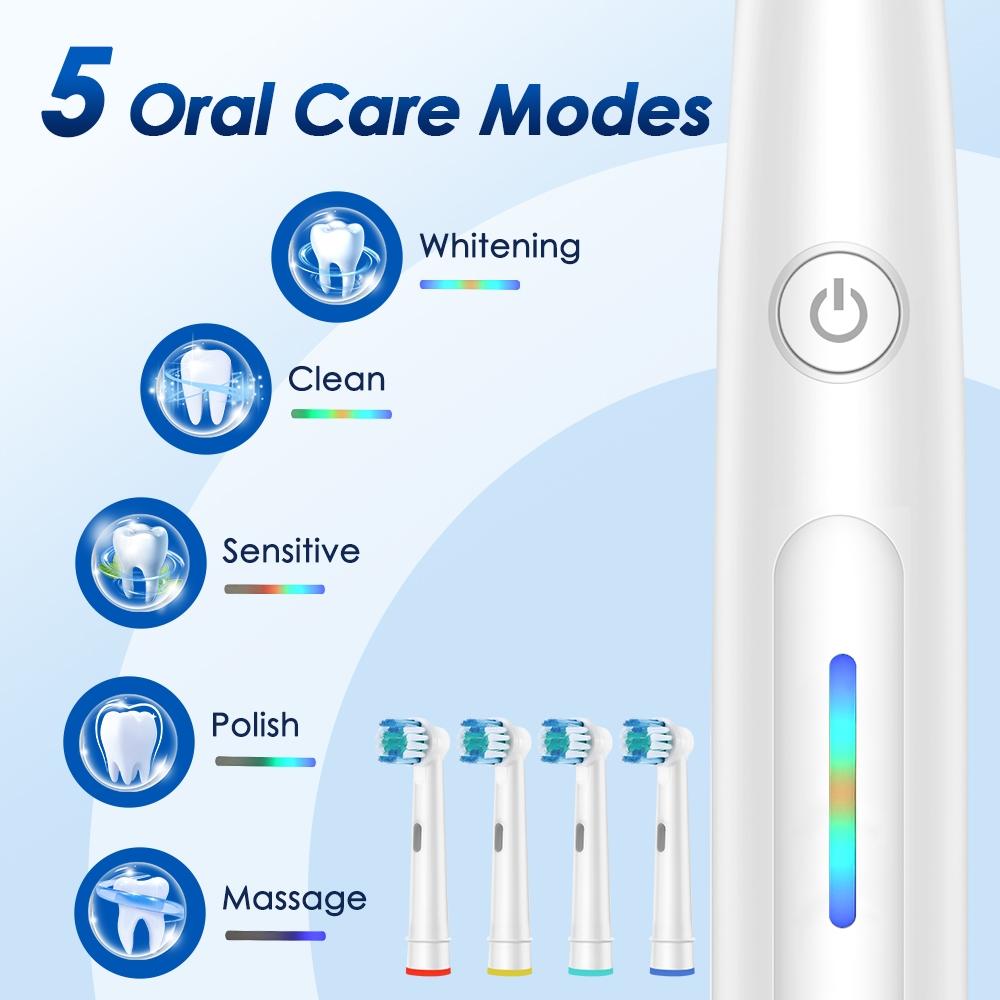 Rotating Electric Toothbrush with 4 Brush Heads for Adults 5 Modes Rechargeable Power Toothbrush with 2-Minute Smart Timer，Teeh Cleaning Brush