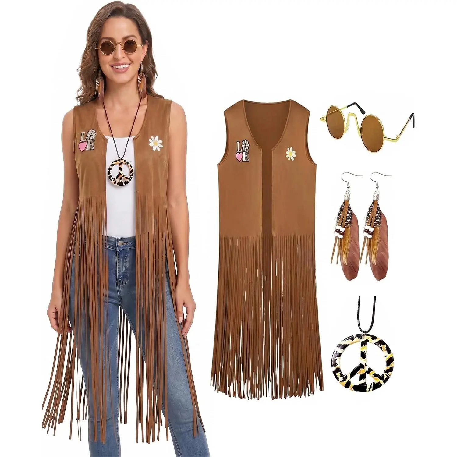 Hippie Clothes 60s 70s Outfits for Women Halloween Costume Fringe Vest Disco Outfit Accessories(Gift)