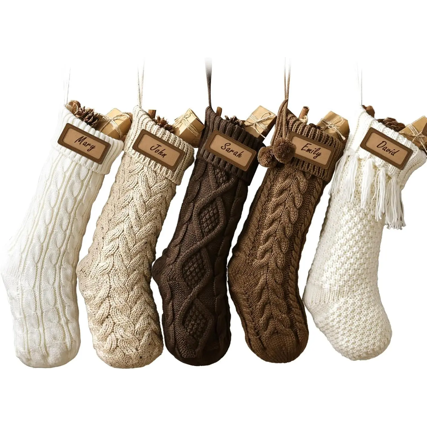 Rustic Knitted Personalized Christmas Stockings: 5 Pack 18 Inch Earth   Knit Fireplace Stockings, Neutral Cozy  Xmas Stockings Decorations for Family Holiday Decor, White Beige Brown