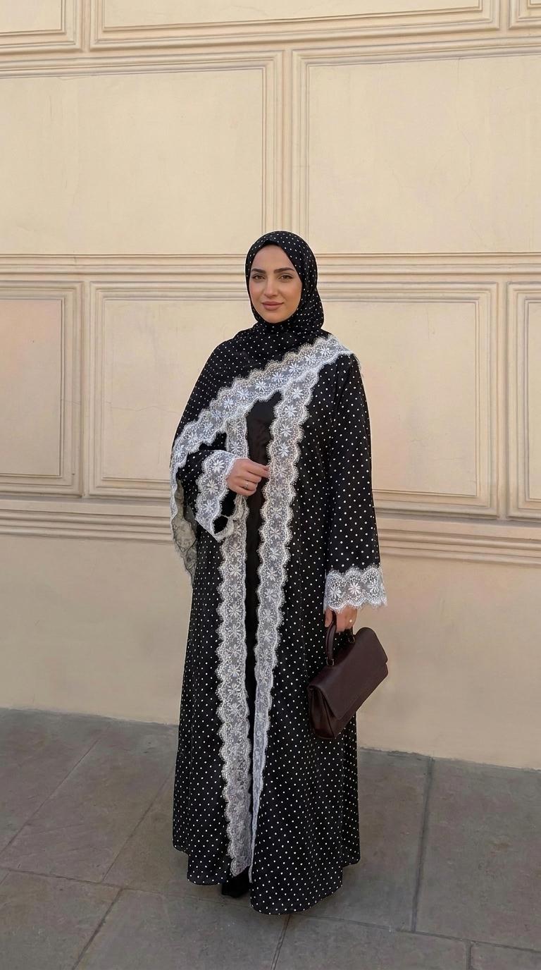 CL84 Elegant polka‑dot open abaya with matching hijab, delicate floral lace trim, soft premium‑quality fabric. White‑black and black‑white lace versions. Great for daily and formal occasions, ideal modest wear for hijabi women.