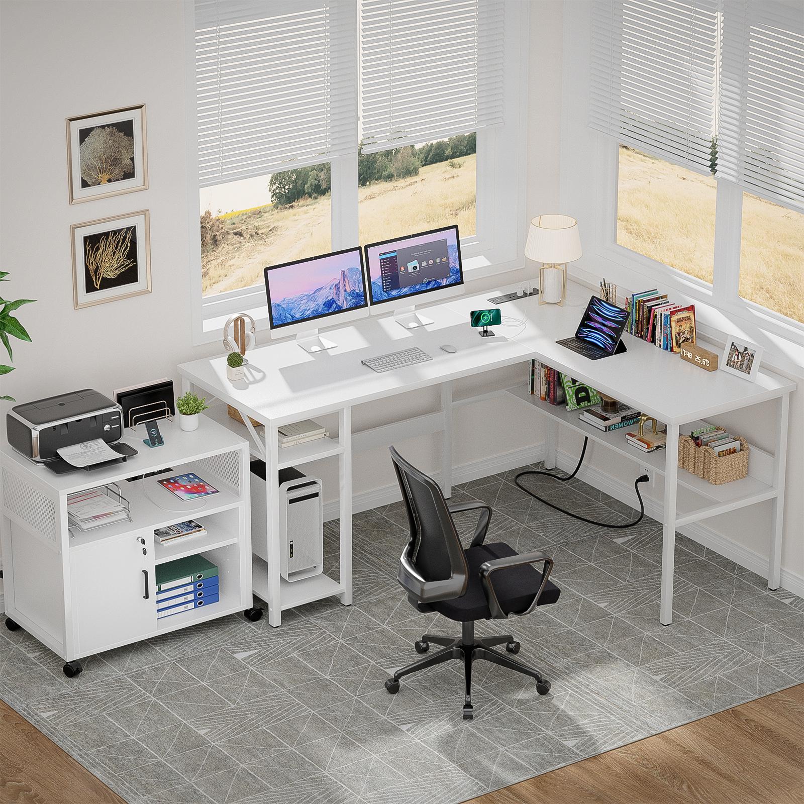 Homieasy Reversible L Shaped Gaming Desk with Power Outlets and USB Charging Ports, Sturdy Computer Desk with Storage Shelf, Modern Corner Desk Home Office Table, Easy to Assemble, White Homieasy Reversible L Shaped Gaming Desk with Power Outlets and USB Charging Ports, Sturdy Computer Desk with Storage Shelf, Modern Corner Desk Home Office Table, Easy to Assemble, White
