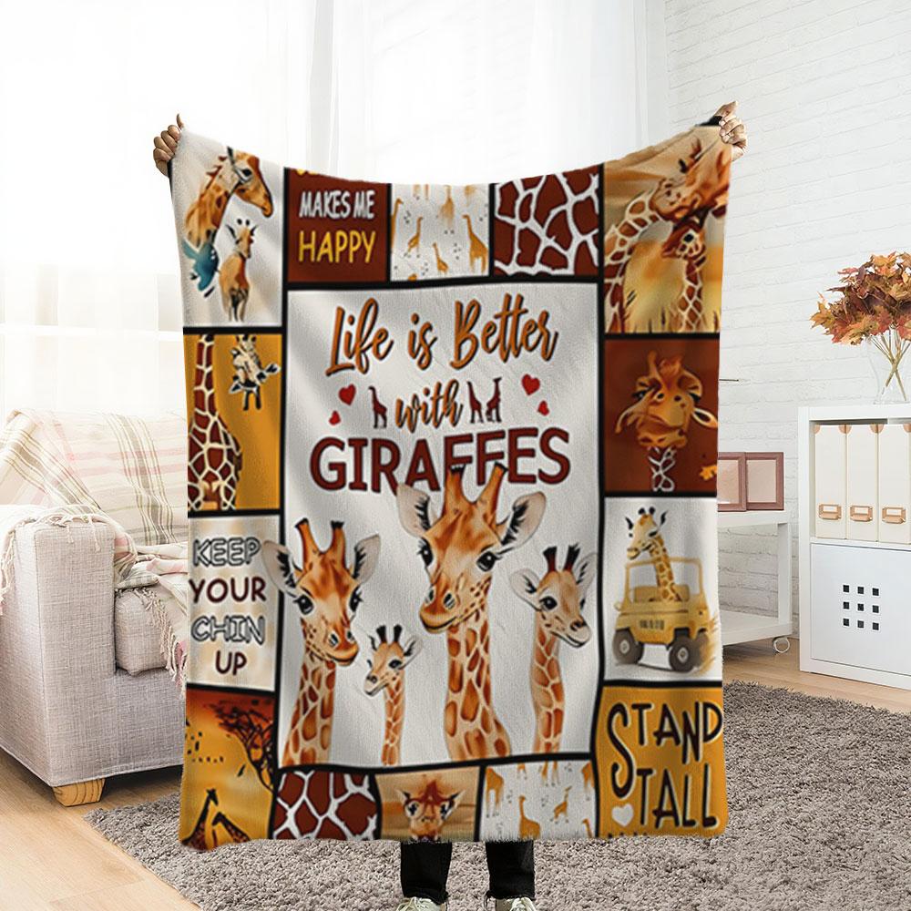 Cute Giraffe Pattern Flannel Blanket, Thick Fleece Blanket, Bedroom Throw, Couple's Blanket, Extra Large Leisure Blanket, Living Room Blanket
