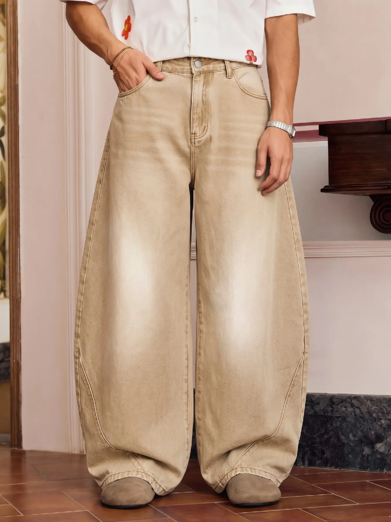 Men's Wide-Leg Jeans, Loose-Fitting Oversized High Waist Denim Jeans, Casual All-Seasons Plain Surface Long Jeans, Zipper Fly Unlined