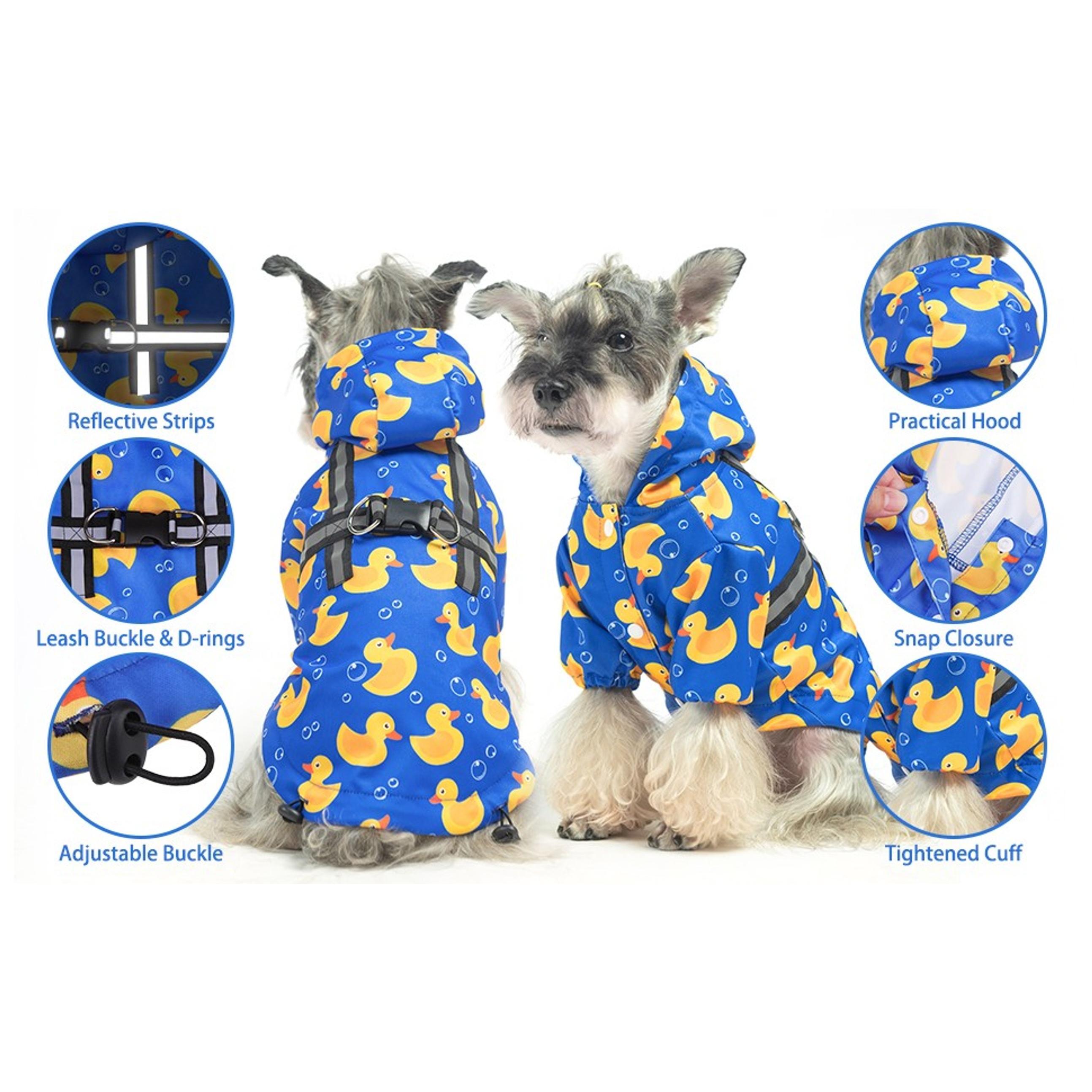 Weatherproof Dog Rainwear Poncho Vest - Waterproof, Built-in Hood & Harness, Reflective, Duck Print, Size M for Rainy, Snowy Days