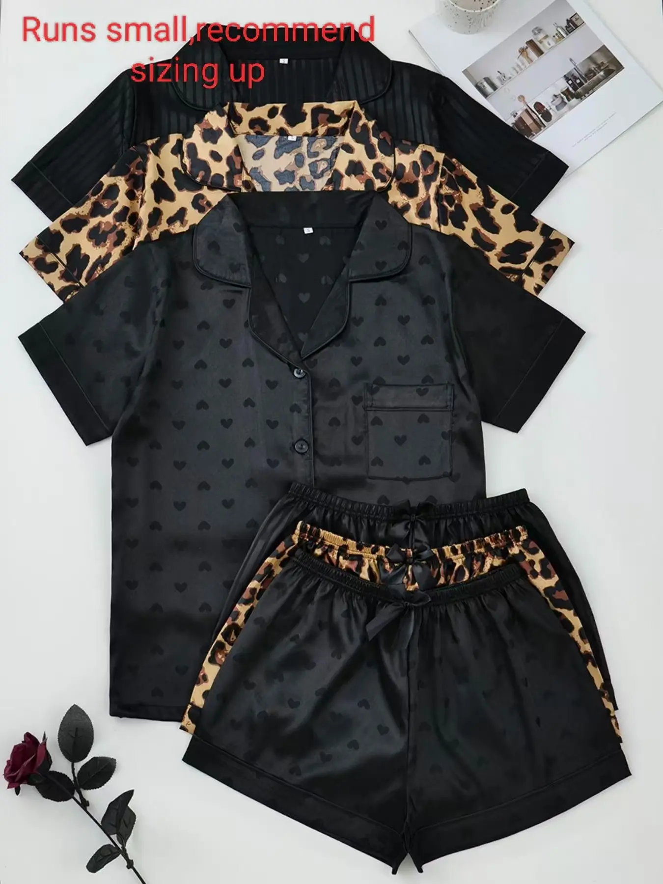 Fashion Six-Piece Women's Satin Pajama Set, Comfortable Lightweight Summer Sleepwear Loungewear, Button Top and Bow Front Shorts, Casual Fitted Style