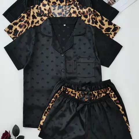 【Black Friday】Women's Six-Piece Satin Pajama Set, Comfortable Summer Sleepwear Loungewear, Button Top and Bow Front Shorts, Casual Nightwear