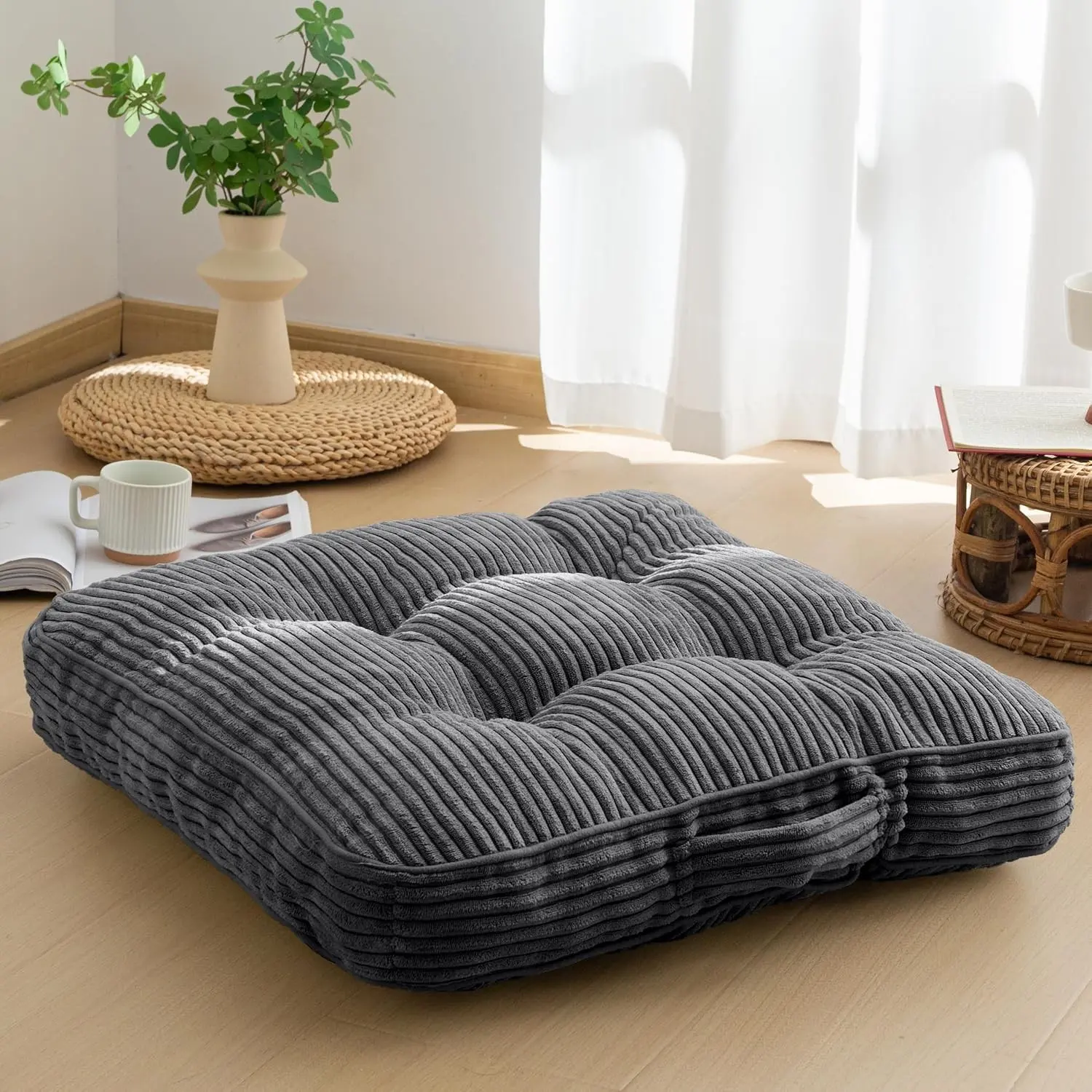 Large Square Floor Pillow Cushion for Adults, Tufted Corduroy Meditation Cushion for Tatami Living Room or Yoga, 22x22 Inch, Dark GreyGift