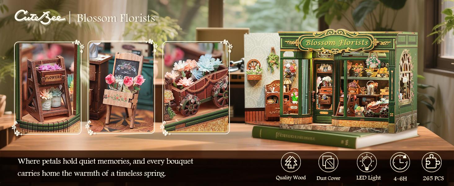 CUTEBEE DIY 3D Book Nook Kit Blossom Florists – Miniature Wooden Flower Shop Dollhouse, Handmade Tiny House Bookshelf Decor | Holiday, Christmas and Black Friday Gift
