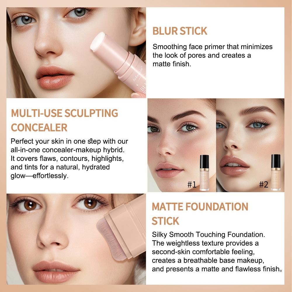 Face Base 3 in 1, Pore Minimizing Primer Stick + Multi-Use Concealer & Highlighter (Dual-Use) + Matte Foundation Stick with Brush, Long-Lasting Makeup Set, Waterproof & Sweat-proof, Full Coverage, Flawless Base Makeup Face Makeup Sets